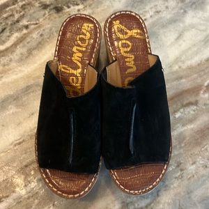 Black suede, cork wedge sandals!